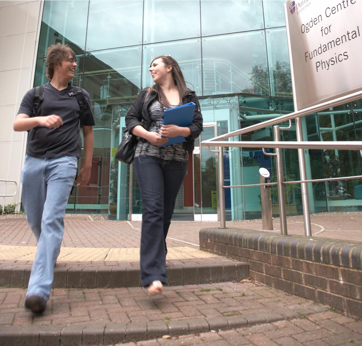 Students walking outside the Ogden Centre building