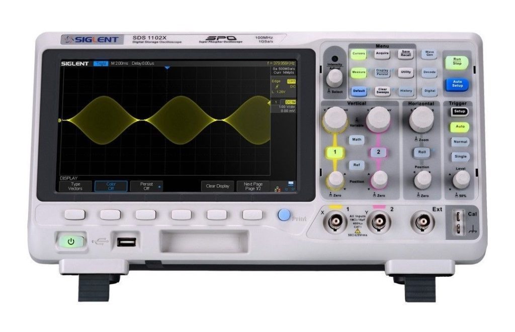 Image of the front panel of an oscilloscope