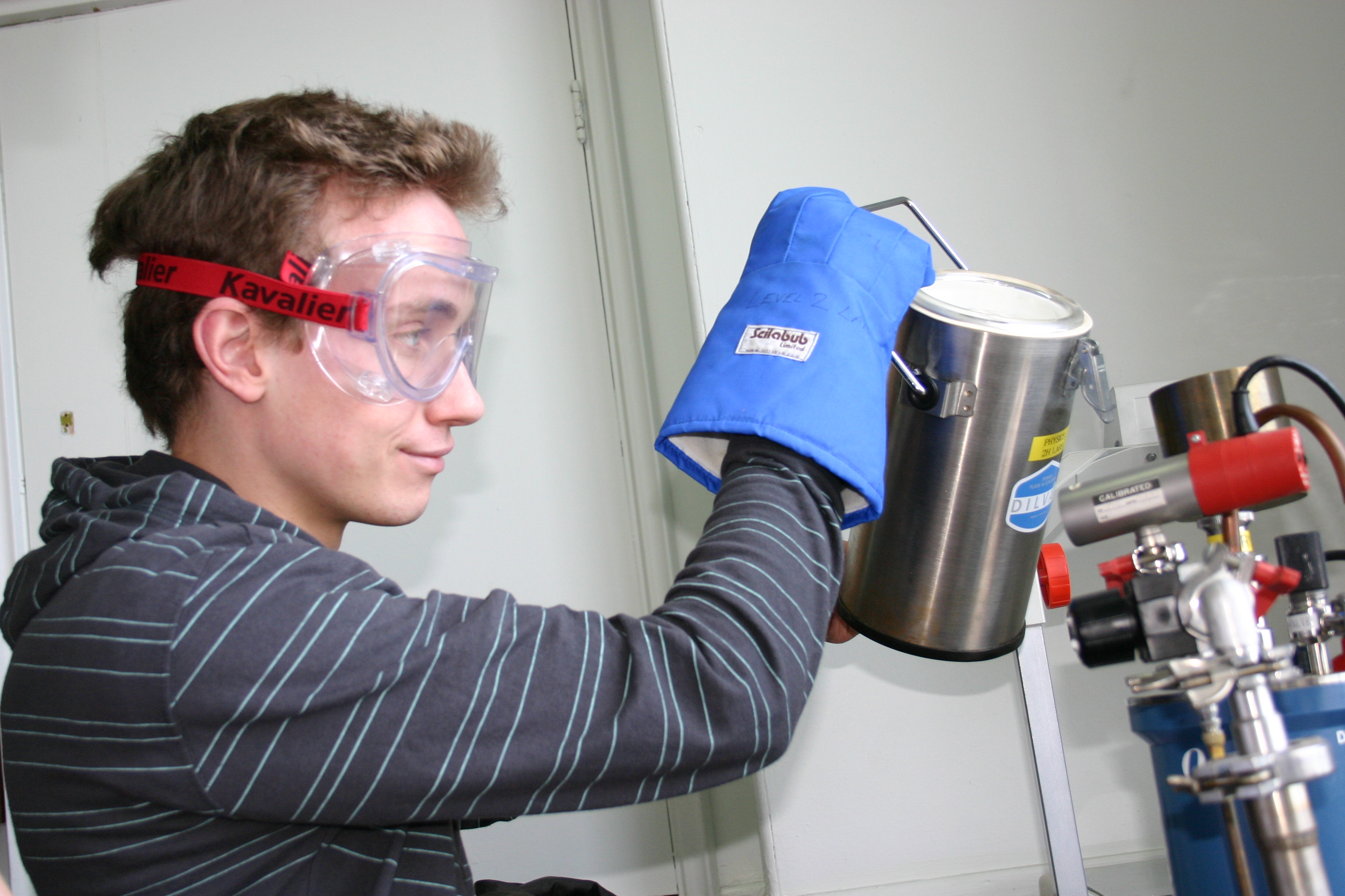 Student pouring liquid nitrogen