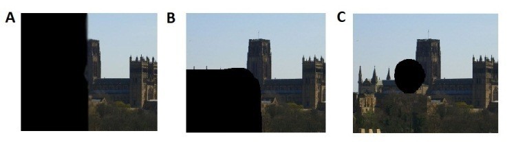 Photo of Durham Cathedral with sections obscured to show examples of Visual Field Defects