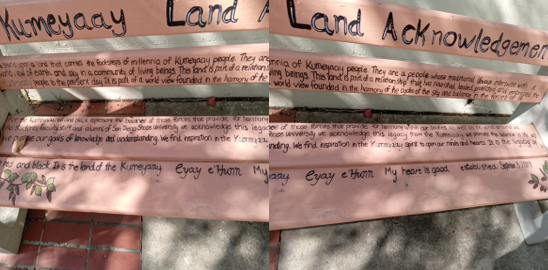 A bench with Land Acknowledgment, SDSU campus.