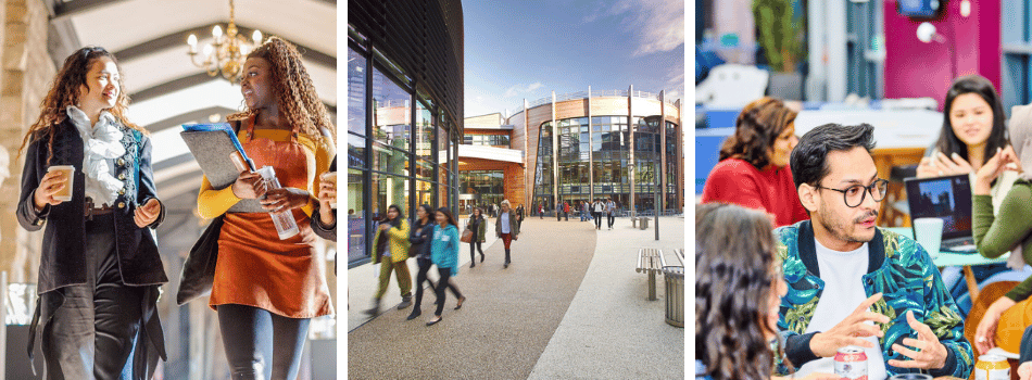 Three images of students across campus