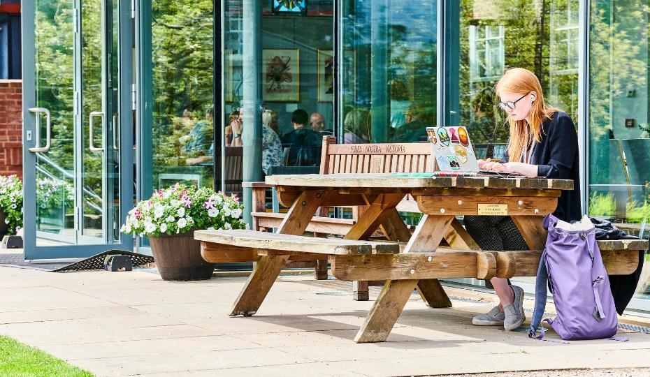 Student studying outside on bench