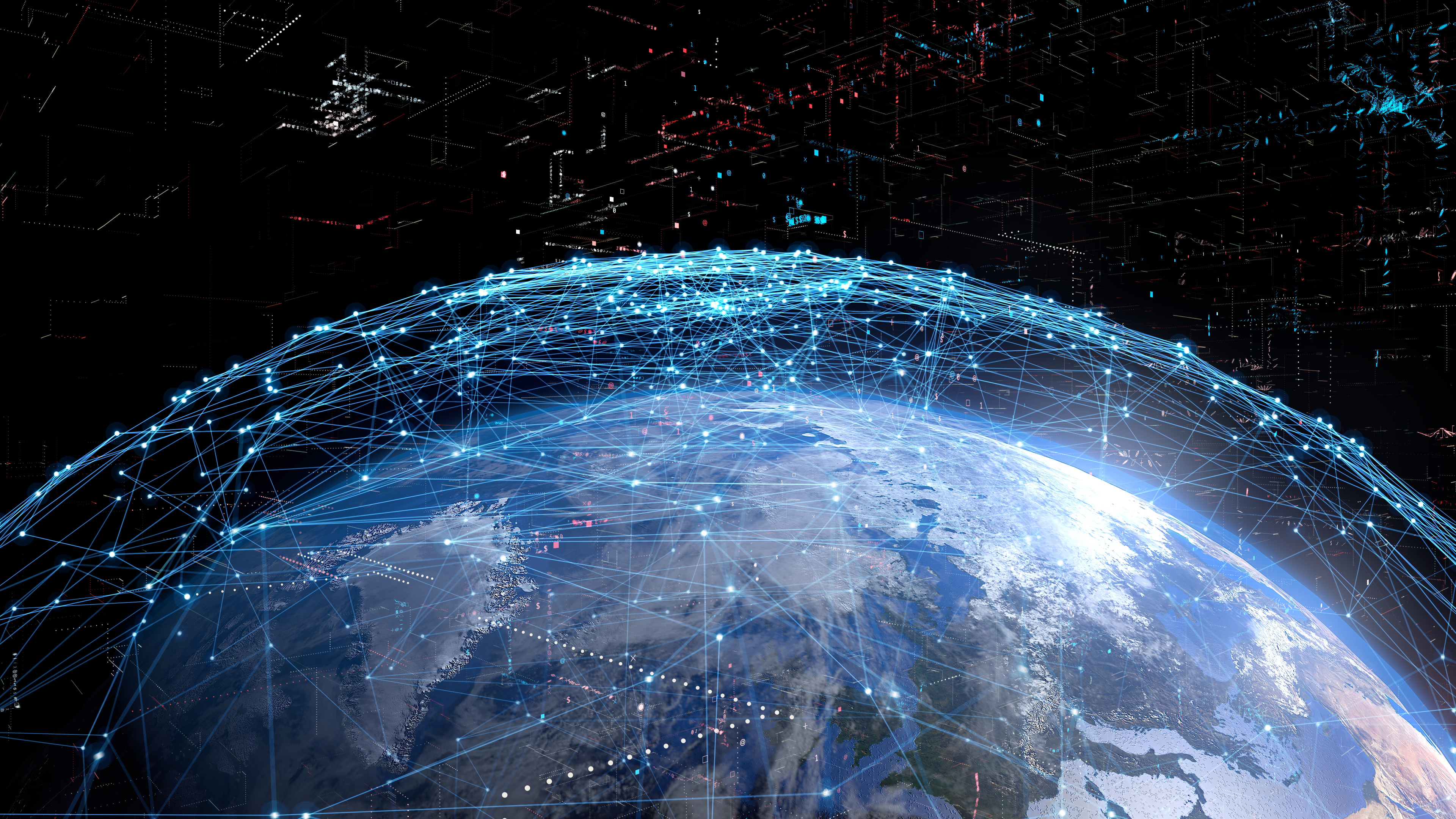 View of the earth from space with a global network of lights floating in the atmosphere