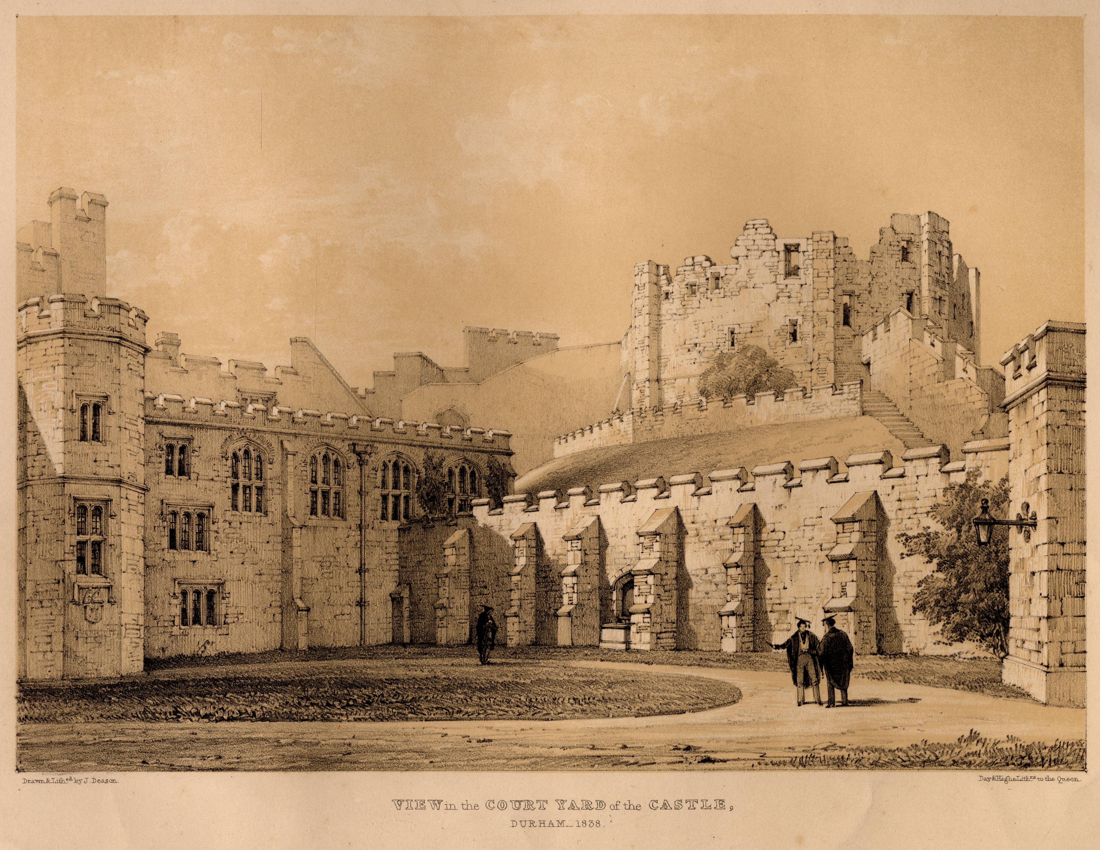 Durham Castle courtyard in 1838, showing the ruined keep prior to rebuilding as Durham University accommodation