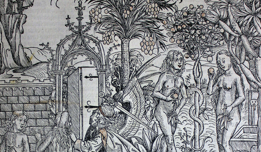 Leaf from the Nuremberg Chronicle, with an illustration showing Adam and Eve eating the apple from the Tree of Knowledge and their expulsion from Paradise as a punishment (Durham University Library SA 0166)