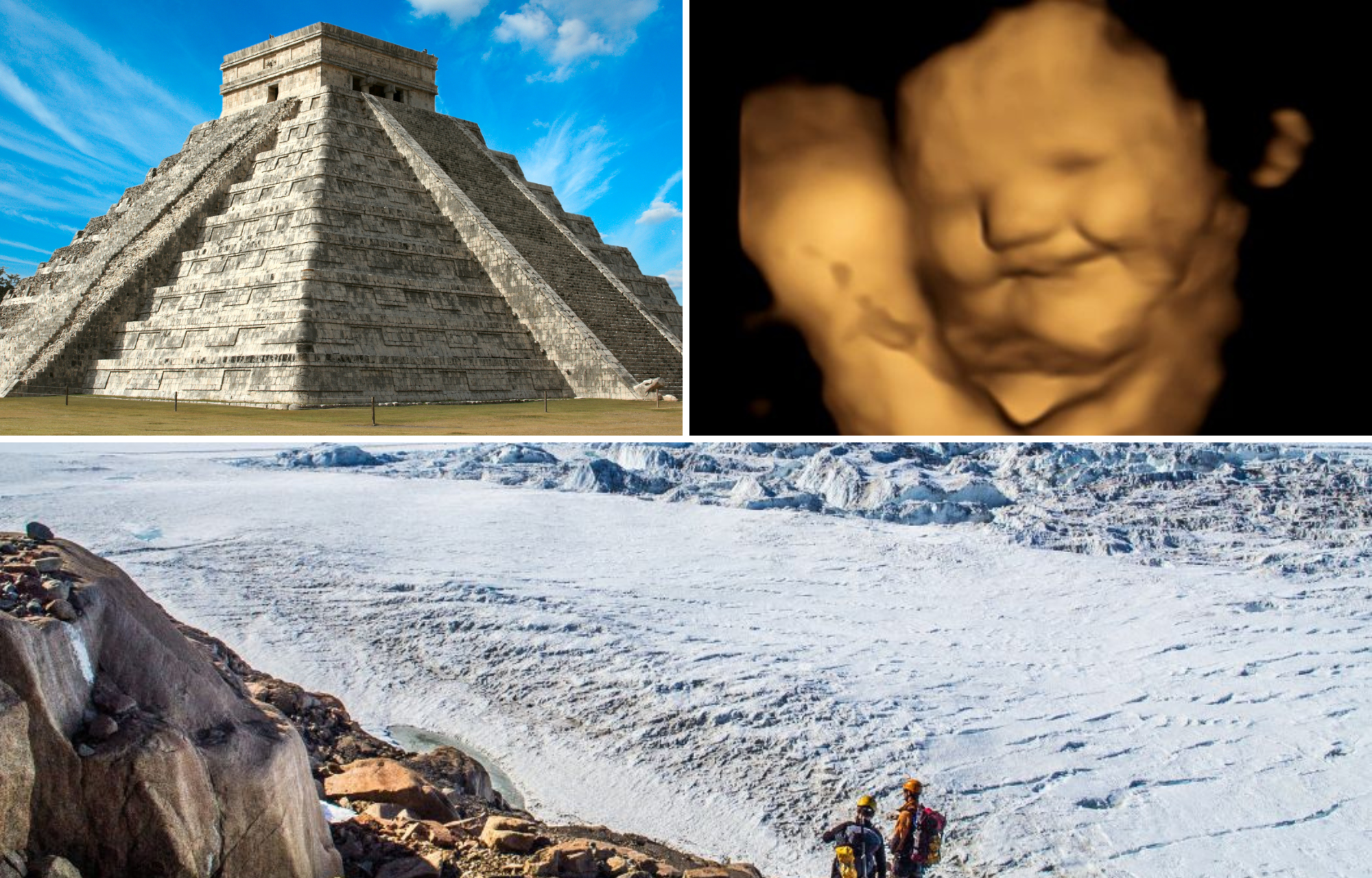 Montage showing an structure in Mayapan, a 4D fetus scan and researchers in Antarctica