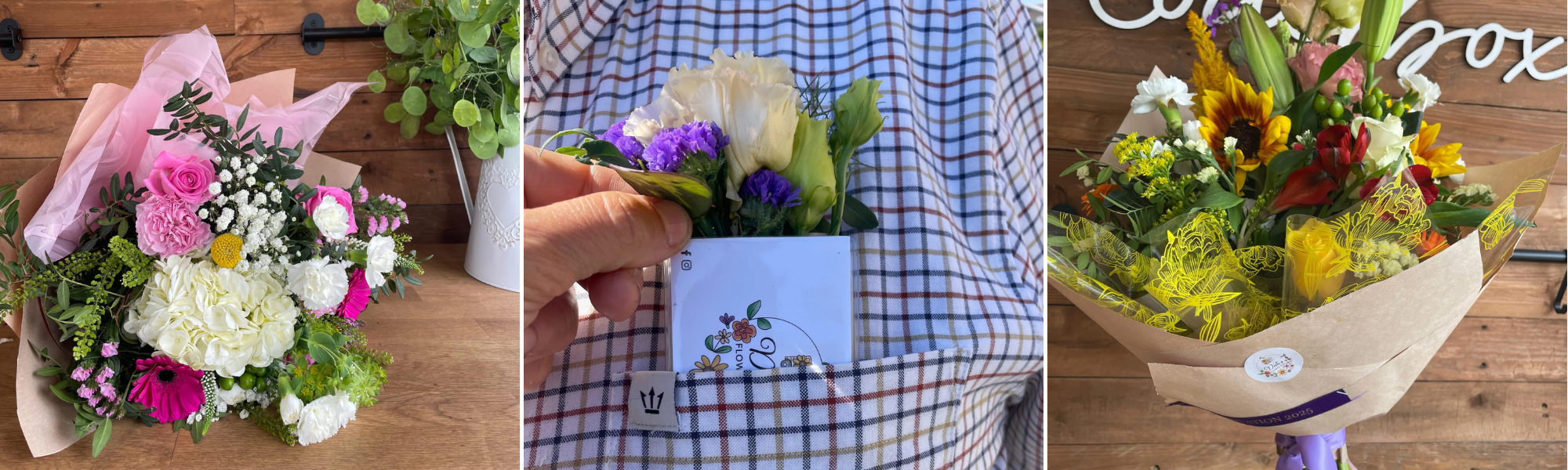 3 images sharing bunches of colourful flowers and a pocket flower