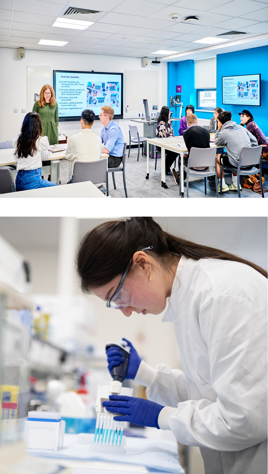 Brightly lit, contemporary seminar room with multiple screens on the walls and at the front of the room. Students sit together at trestle tables, and a female academic in a green dress is talking to them and using the screens and Young woman working in a laboratory - she is wearing a white laboratory coat, blue disposable gloves and safety glasses and her hair is pulled back into a ponytail.