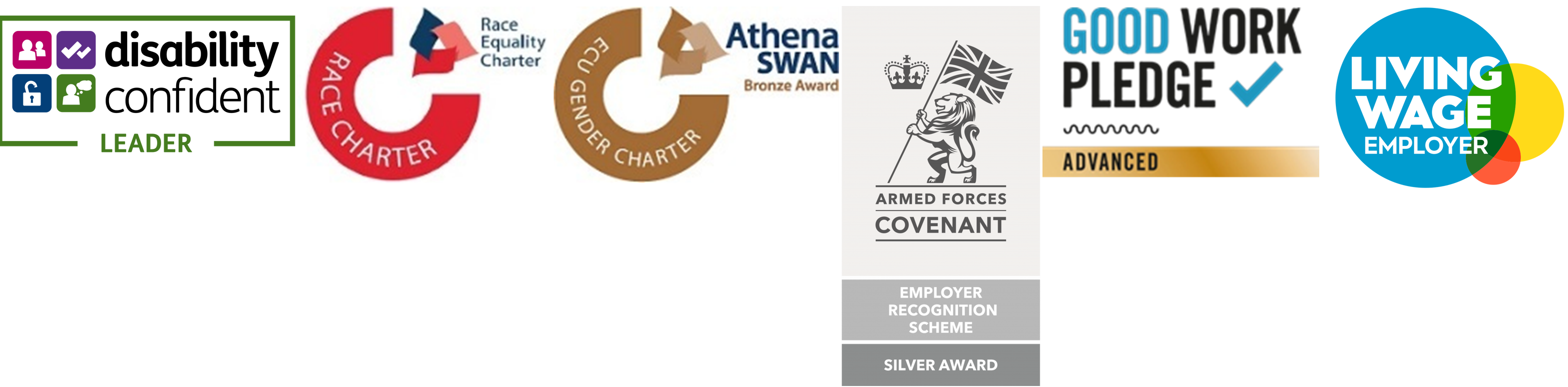 Disability Confident Employer Logo, Good Work Pledge, Advanced Logo, Race Equality Charter Logo, Athena Swan Bronze Award, EUC Gender Charter Logo,  Armed Forces Covenant, RLW Accreditation