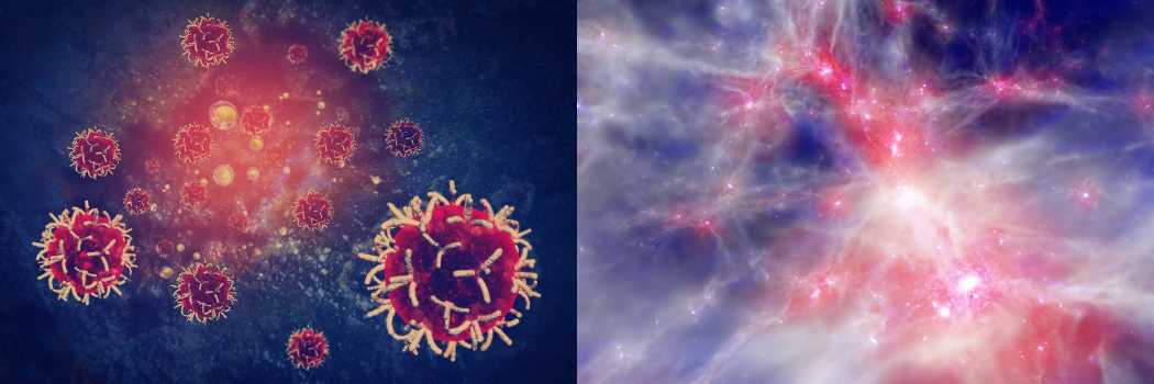 An image of cancer cells alongside The EAGLE simiulated universe from Durham’s Institute for Computational Cosmology and the Virgo Consortium