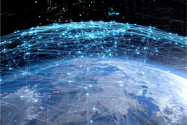 A virtual image of a globe with network connections