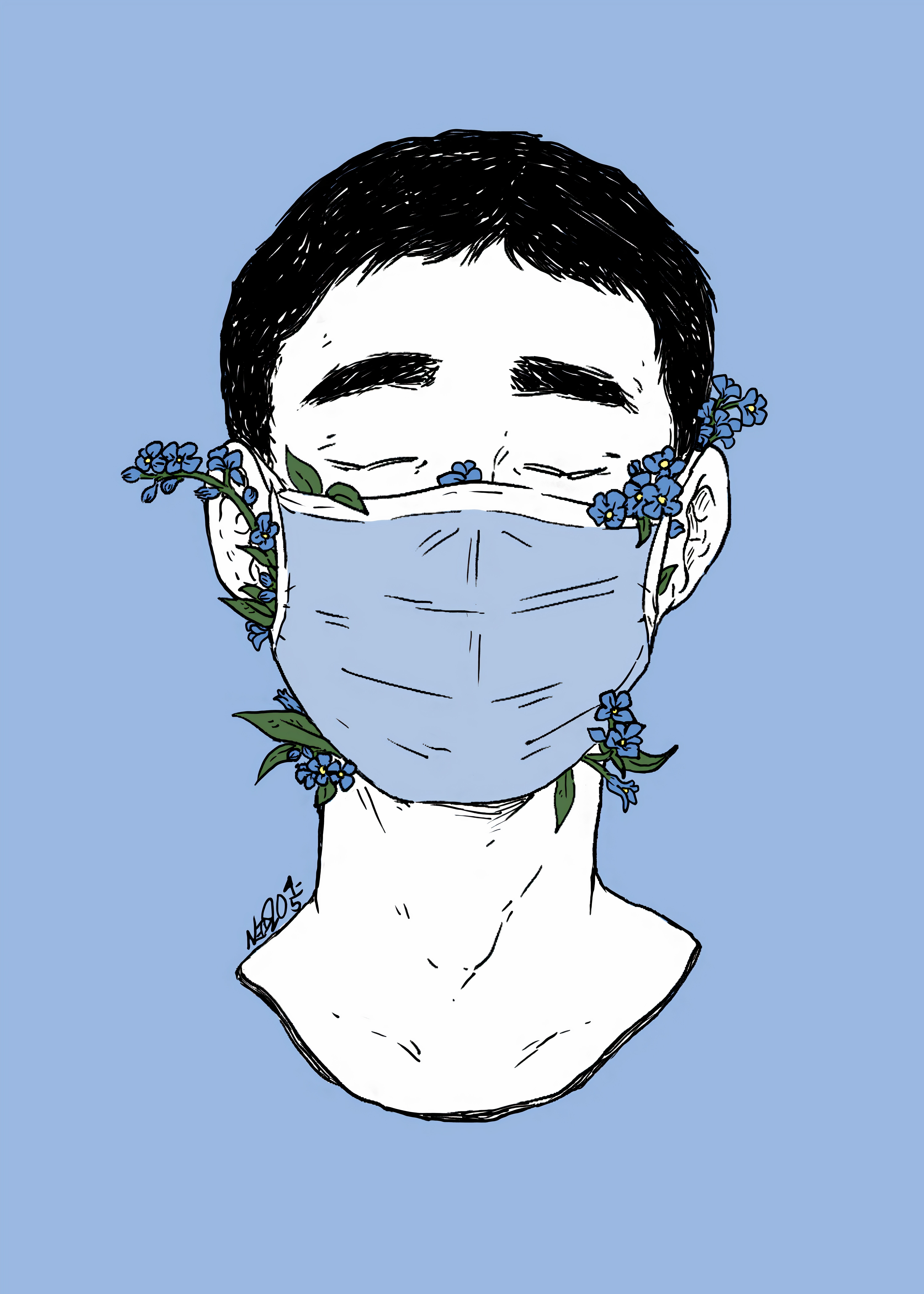 Man wearing mask with flowers