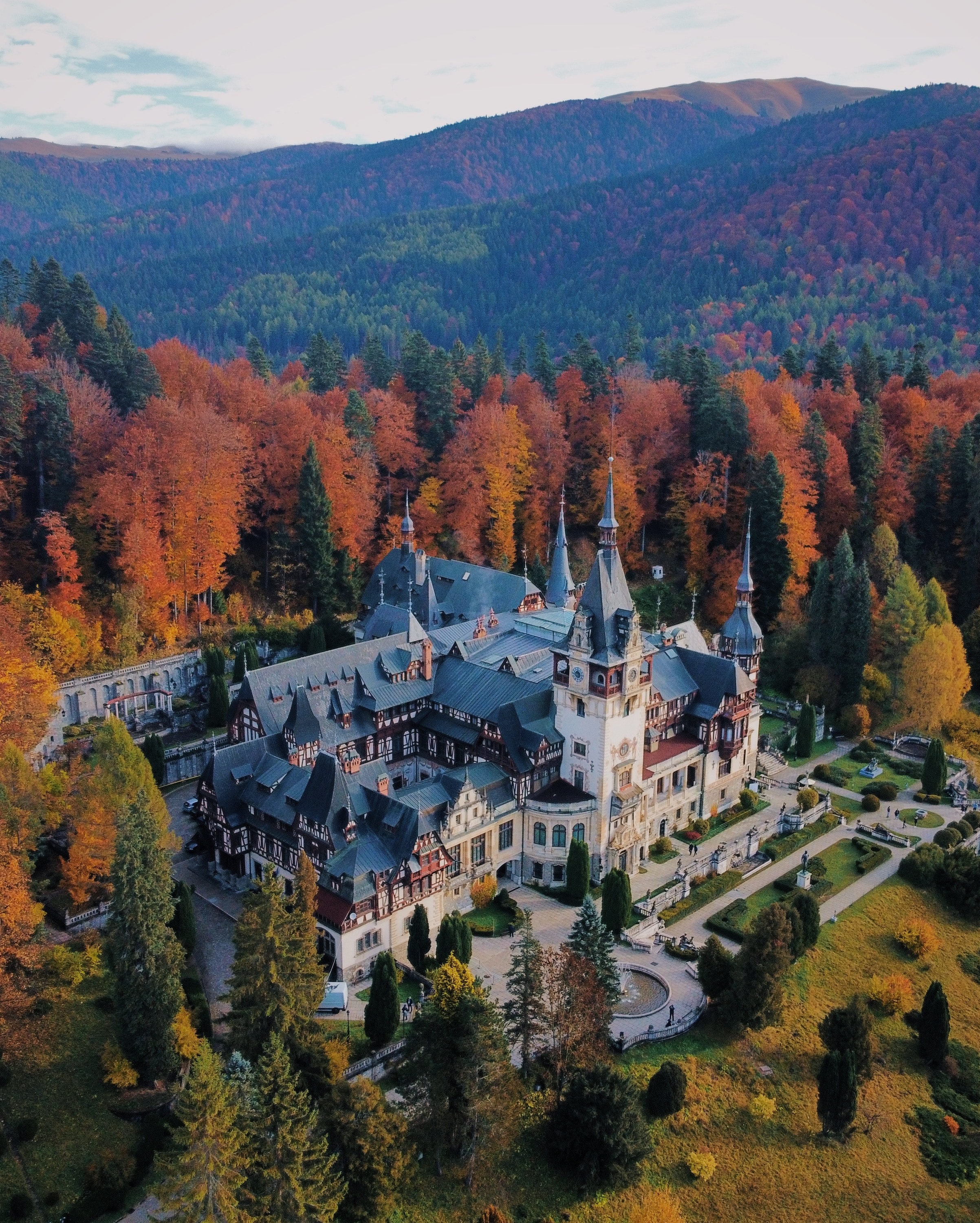 An areal view of Peles Castle in Romania