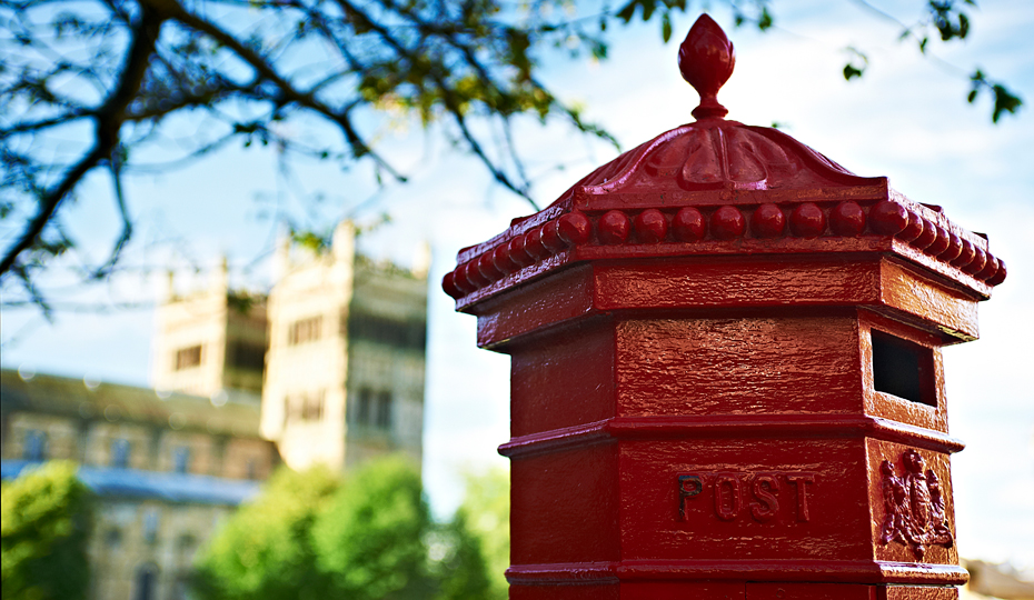A Post Box on Palace Green with the Cathedral in the background