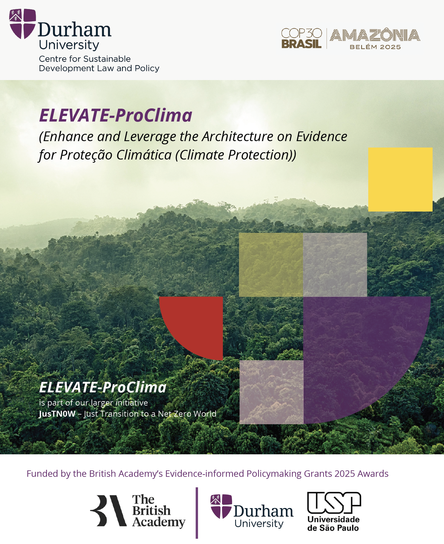 A poster of a project ELEVATE-ProClima with a picture of Amazon Green forest.