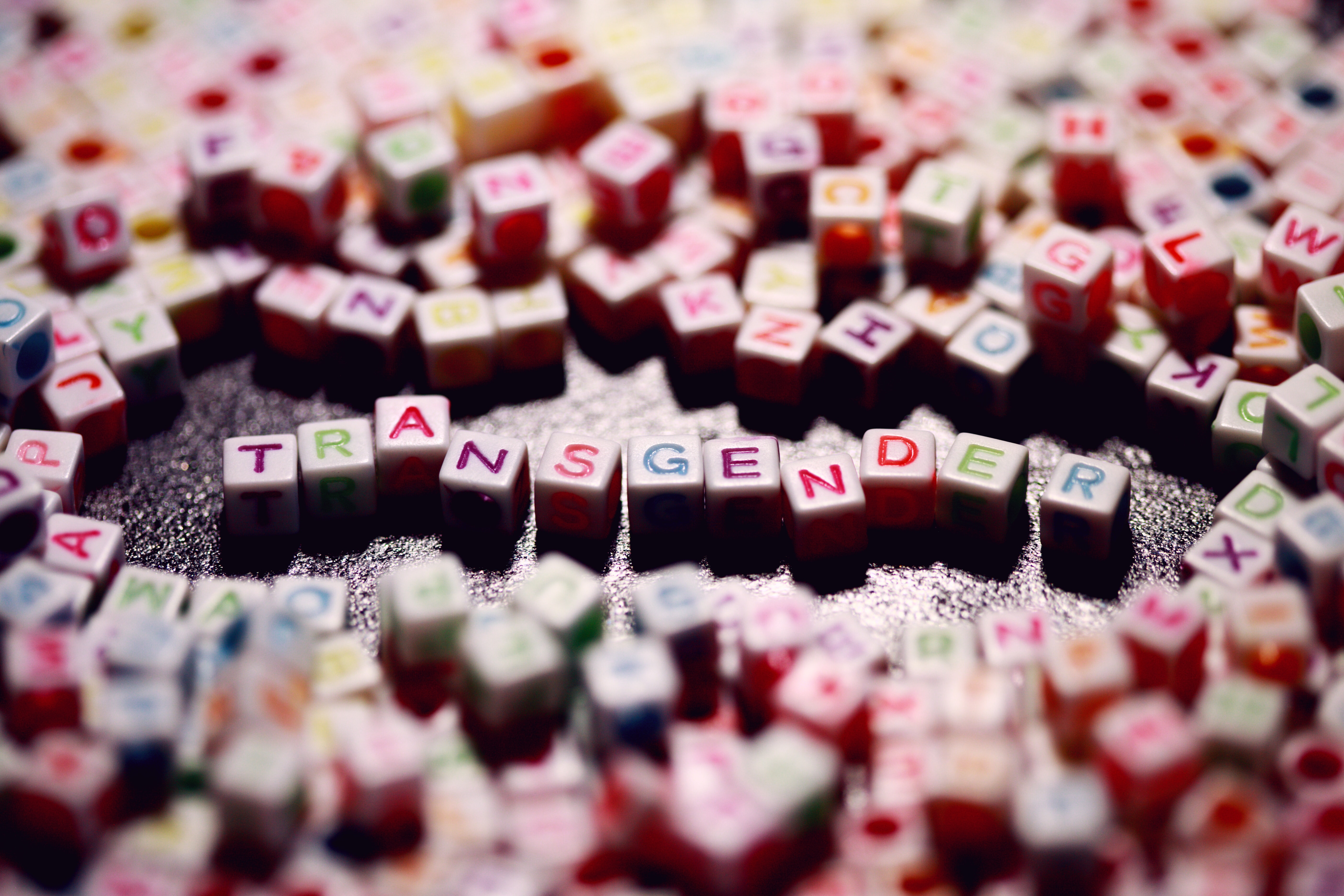 Colourful letter tiles spelling the word transgender