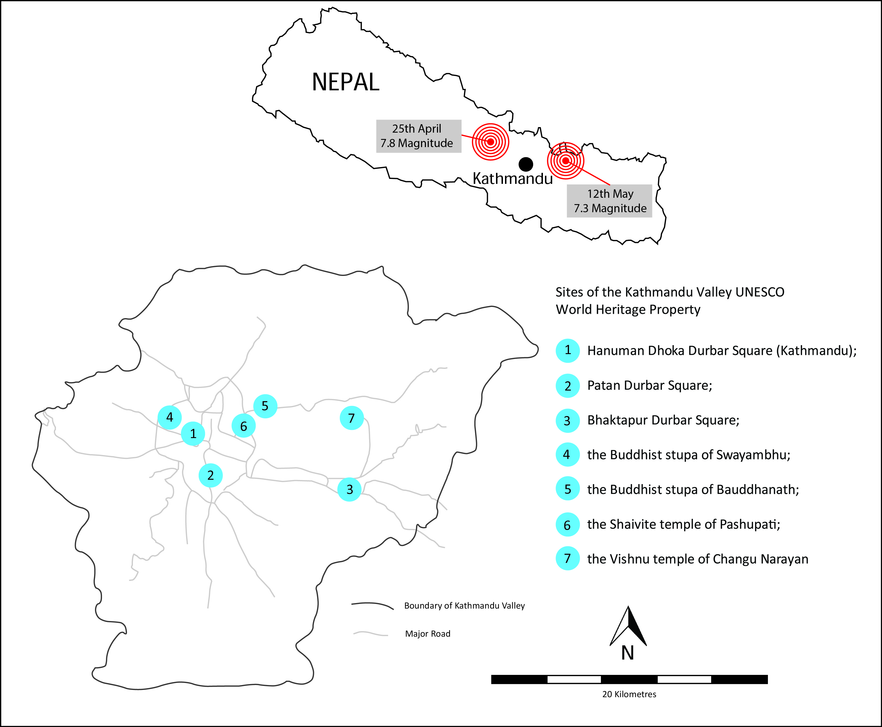 A map of World Heritage Site properties within the Kathmandu Valley