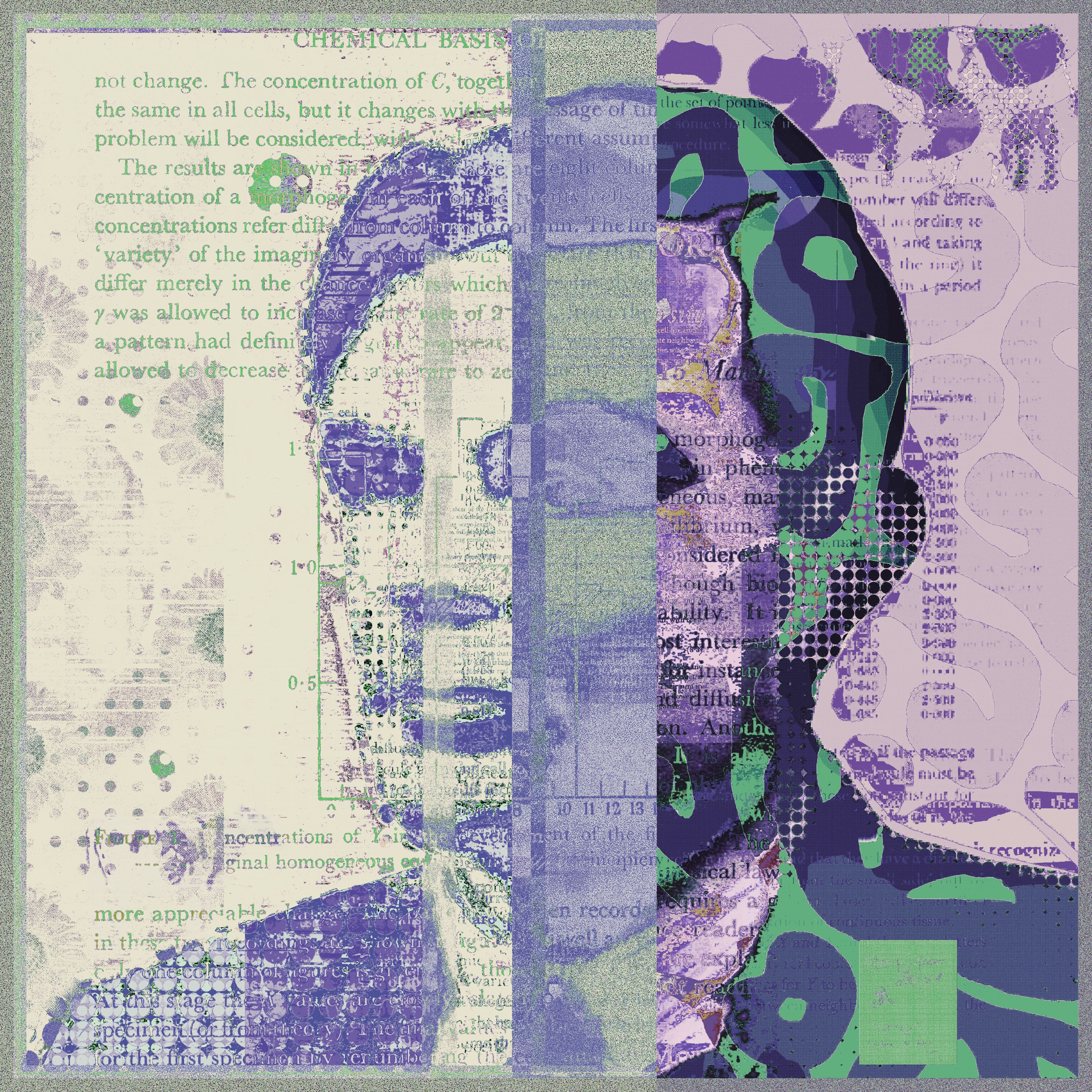 Artwork showing a stylised print of Alan Turing incorporating his landmark publications