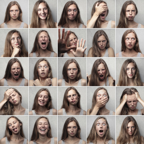 A grid of faces showing different emotions. The faces belong to a white girl with long blond hair.