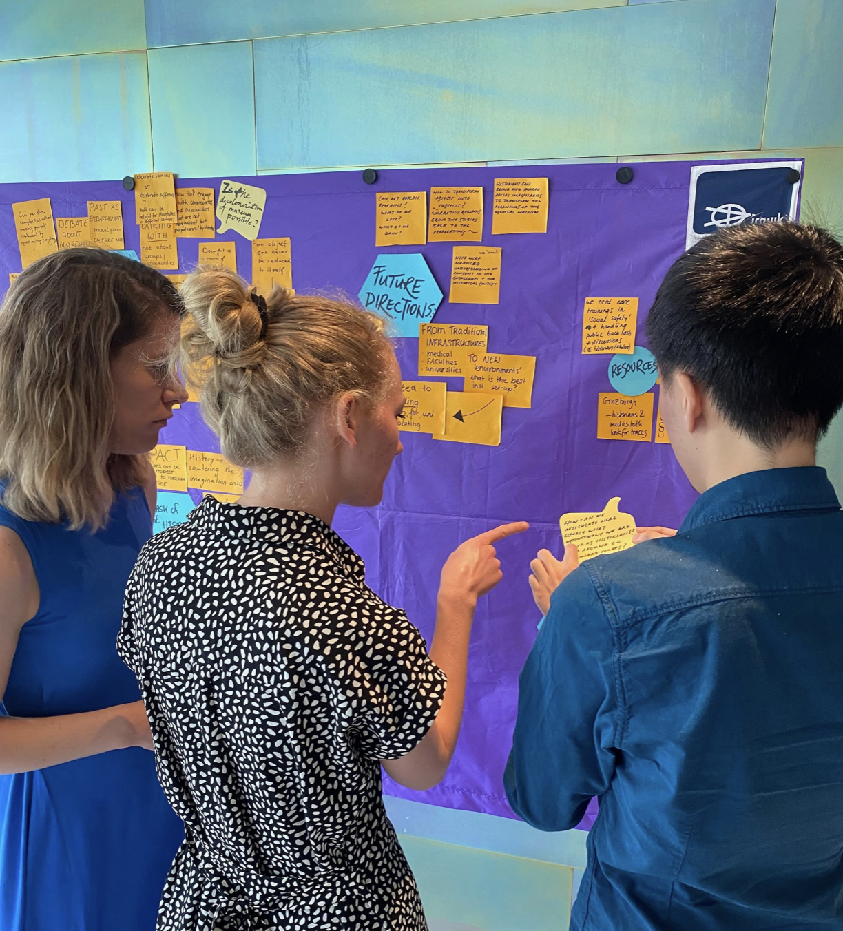 A group of people standing in front of a sticky wall