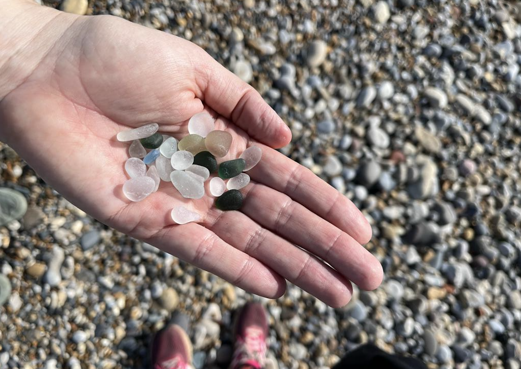 A hand holding pieces of seaglass of different colours