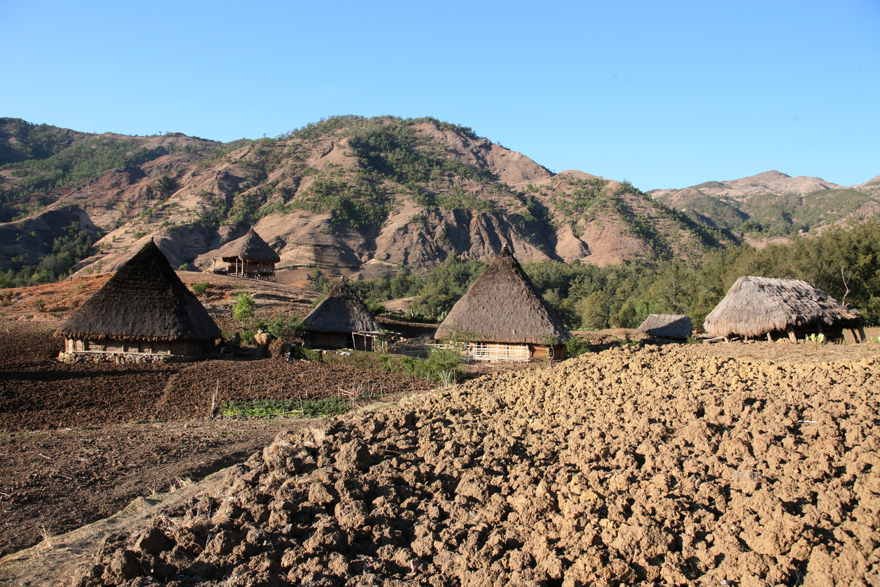 TA Landscape with traditioal houses at the village of Moubisse in the south of East Timor in southeastasia