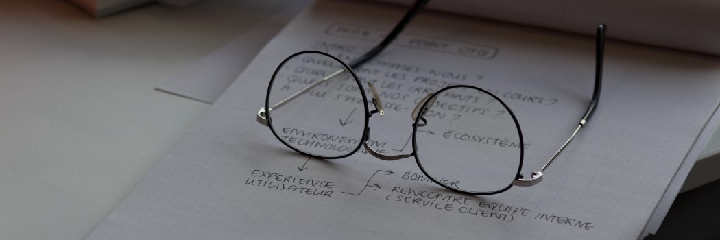 some handwritten notes with a pair of glasses on them