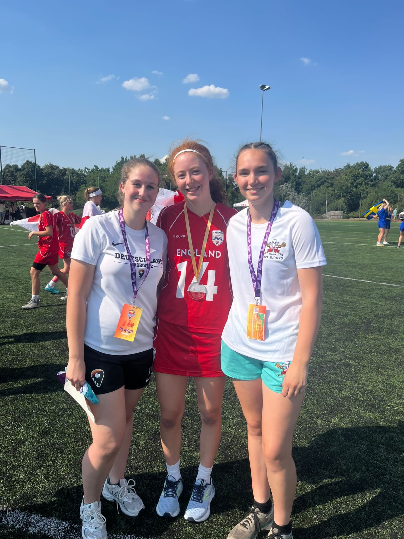 Three members of the 2022/23 Women's Lacrosse Team representing England U21's, Wales U21's, and Germany U21's at the U21 European Championships