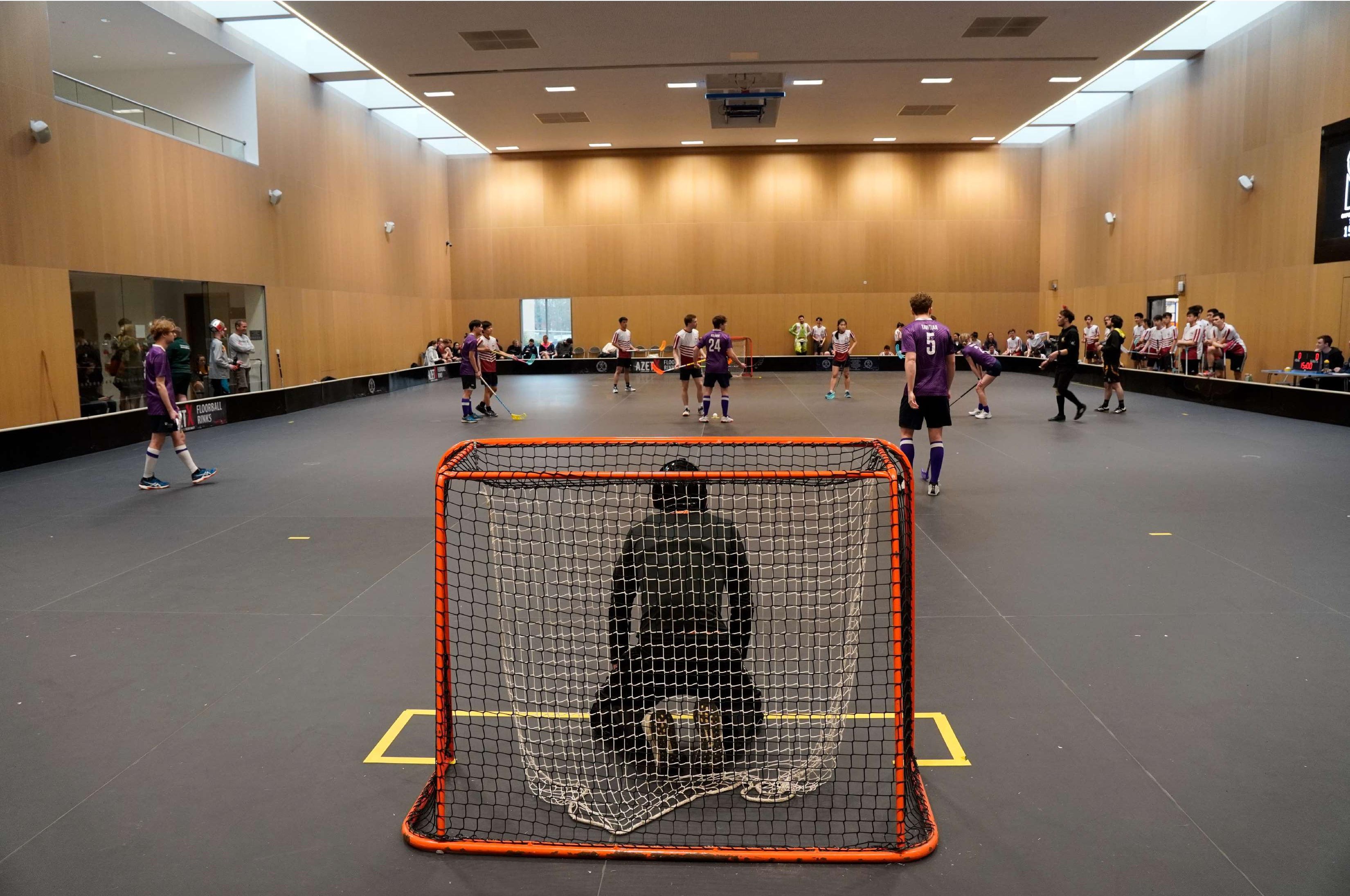 Floorball goalkeeper in goal