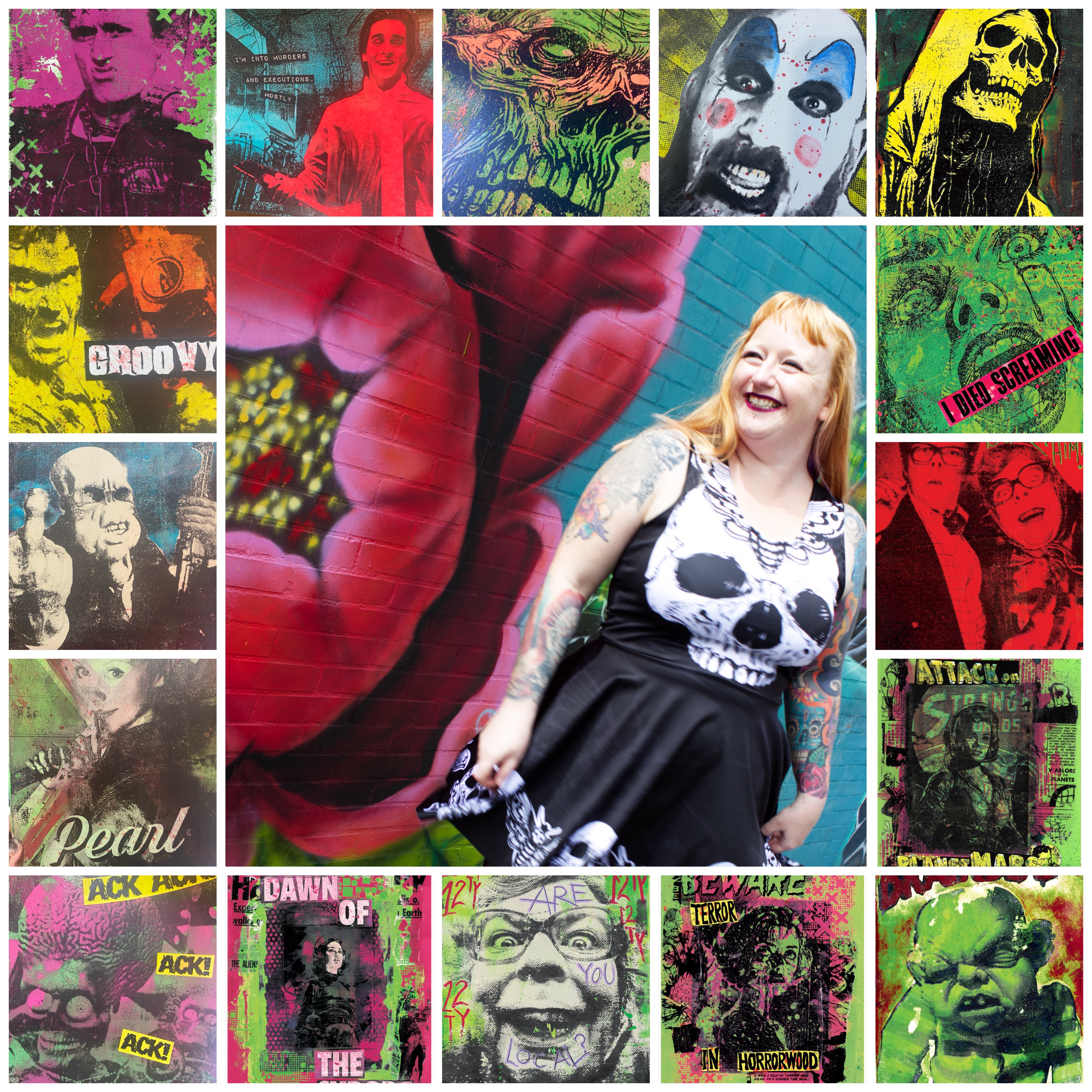 Photo of artist Sarah Calavera with boarder of prints made by artist around the edge