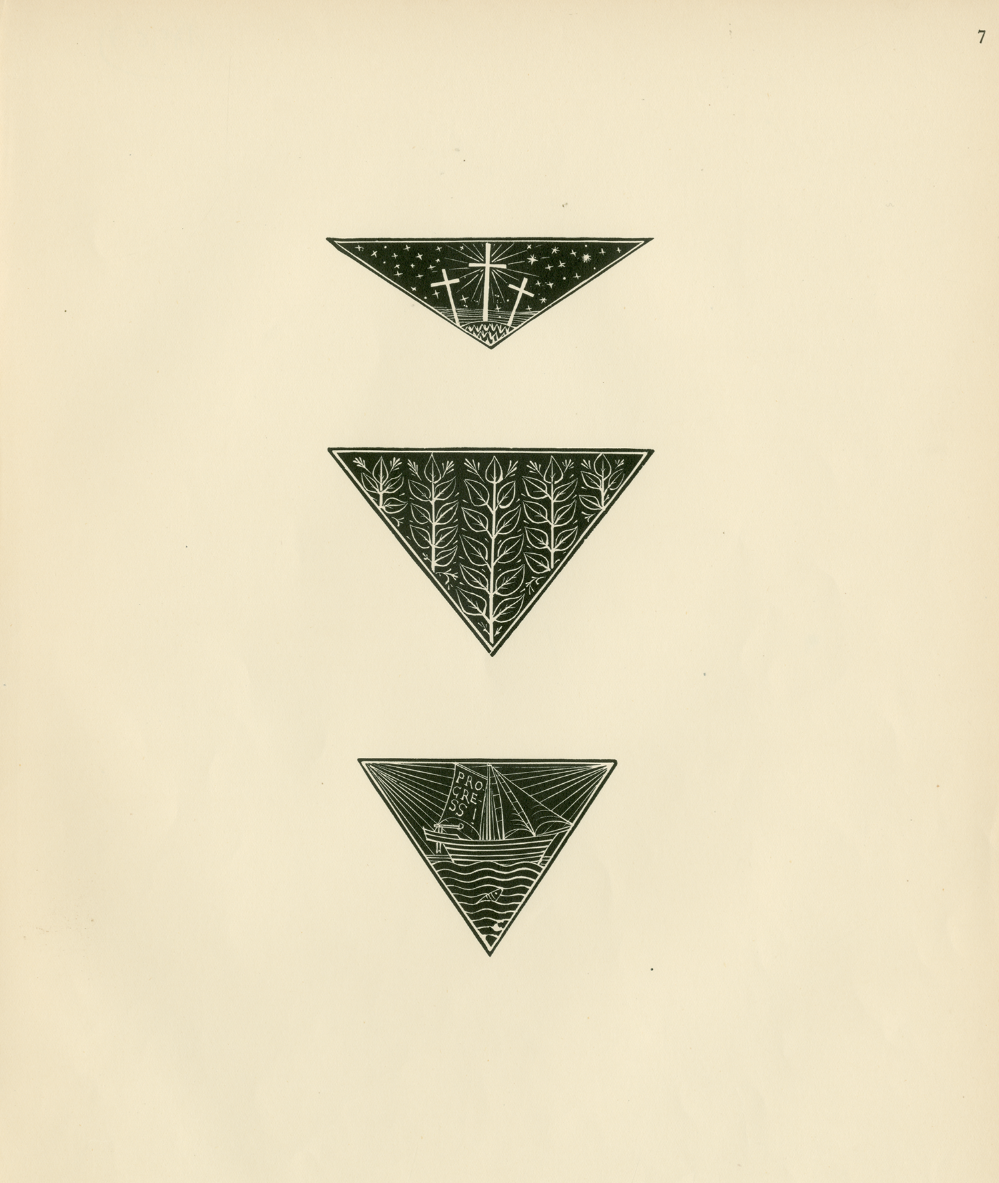 Three monochrome downward facing triangles are stacked above one another vertically in the centre of the artwork. Each triangle contains a different illustration.