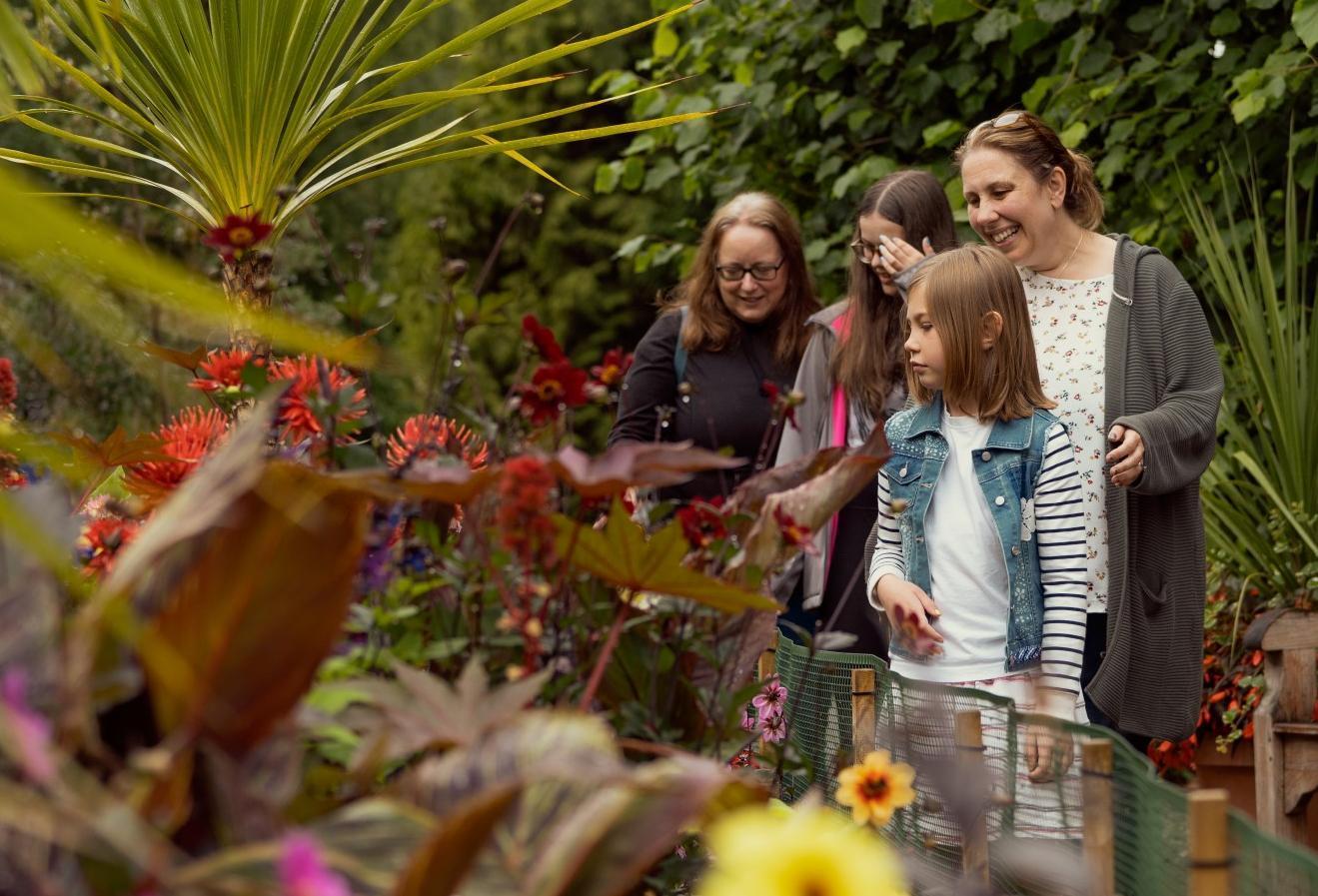 A family exploring the glasshouse at the Botanic Garden