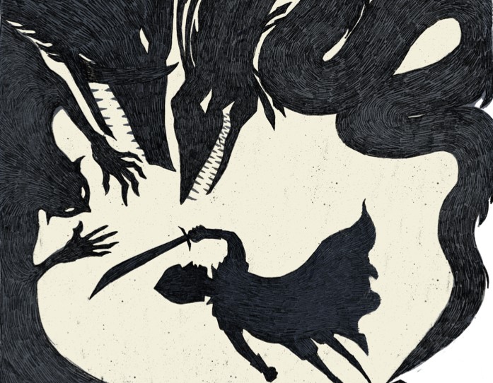 A shadow silhouette of a person with a sword fighting off a group of shadowy monsters