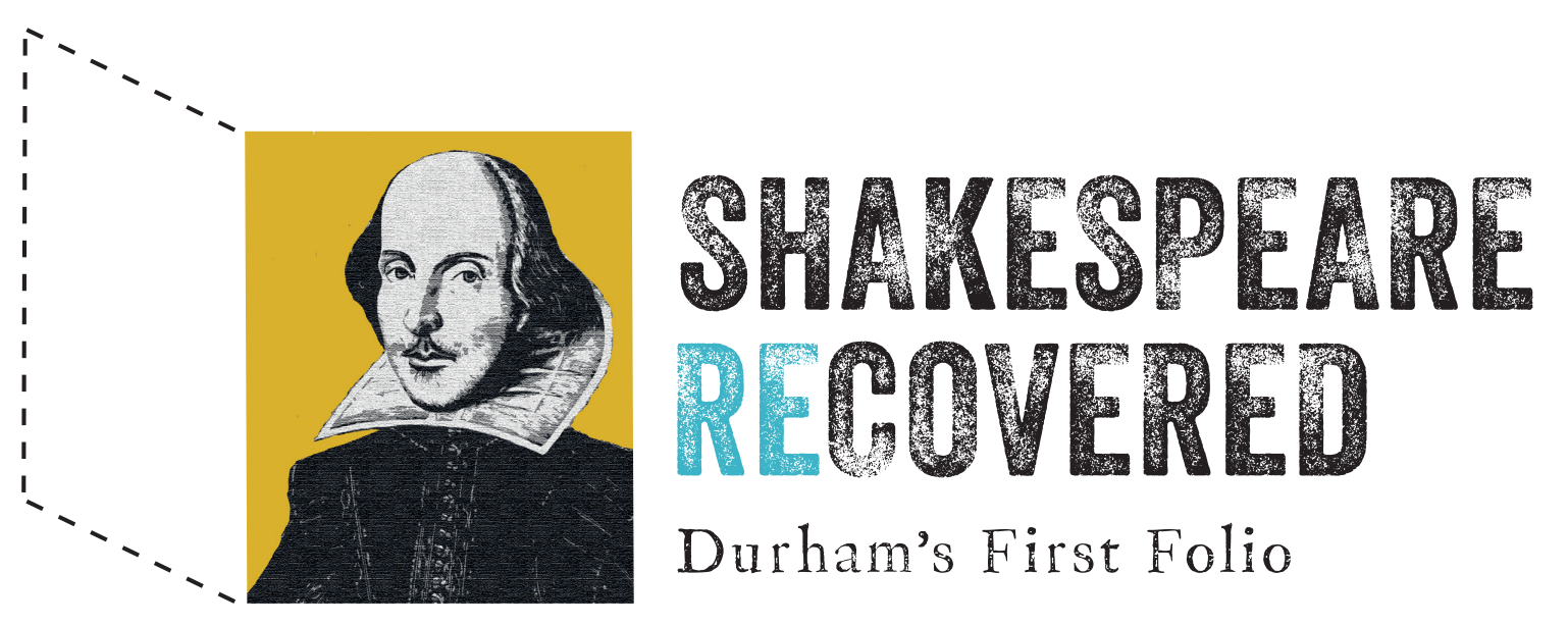 Titles for Shakespeare First Folio exhibition, with a black and white portrait of William Shakespeare