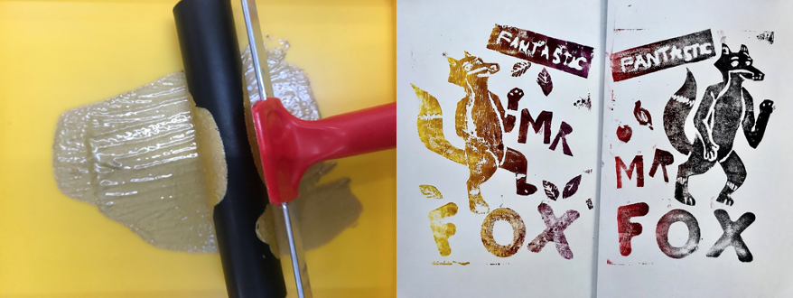 Two images, left image shows ink roller with red handle, rolling gold ink on yellow tray. Right image shows two relief ombre prints of a book cover, with the text Fantastic Mr Fox and an image of a Fox.