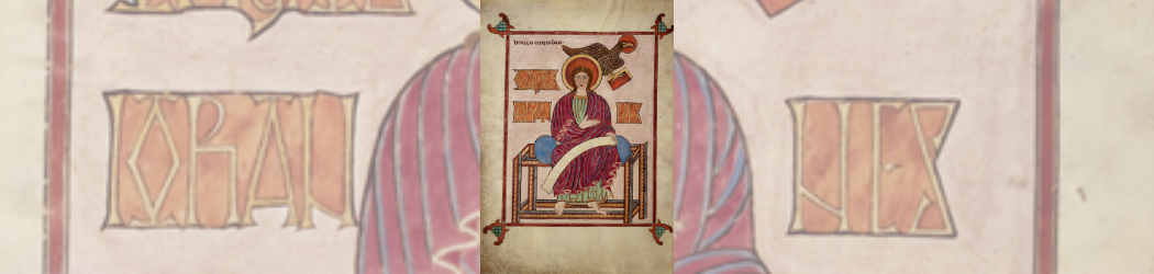 View of the portrait page of St John from the Lindisfarne Gospels, showing him sat facing front holding a scroll in one hand, with his other hand on his chest. His symbol, an eagle, is shown behind his head