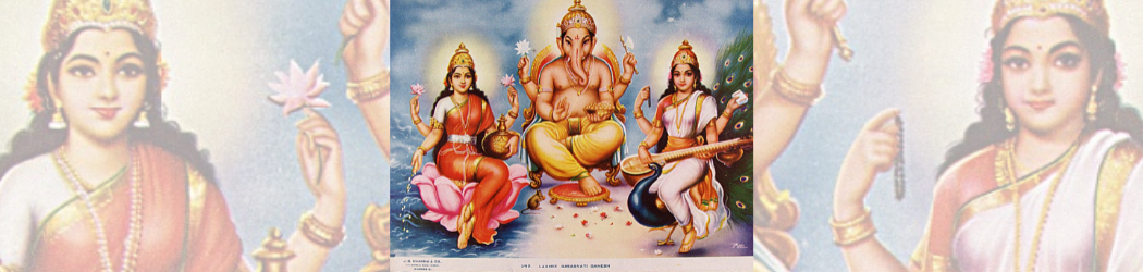 Colour print of three Hindu gods named Lakshmi, Ganesh and Saraswati. Lakshmi, shown as a woman with four arms and wearing a red sari with a gold crown, is sat on a lotus flower and is holding two lotus flowers and a golden pot, while coins flow from her remaining hand.