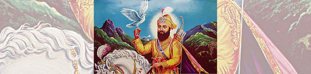 Modern print of Guru Gobind Singh, the tenth guru of Sikhism. He is depicted mounted on a white horse, wearing yellow or gold clothes and a turban, and is wearing necklaces and a turban ornament made of gemstones and pearls.