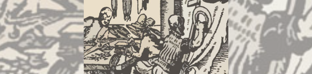 Zoomed in image from a woodcut print, showing three Tudor men working in a leather workshop. Two of the men are bent over a table as they work on pieces of leather. The third is standing and working on a larger piece of leather on a frame, using a curved blade.