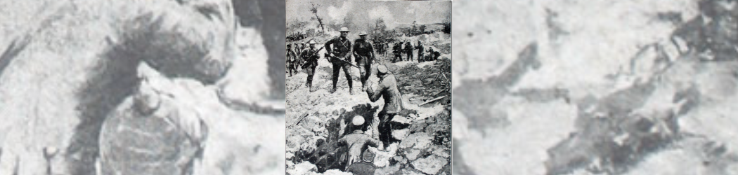 Picture of a group of three British soldiers from the First World War armed with rifles and pistols approaching the entrance to an underground bunker, out of which three German soldiers are emerging, two with their hands up in a sign of surrender. The ground is covered in snow and rubble. In the background, there are more British soldiers capturing Germans or marching.