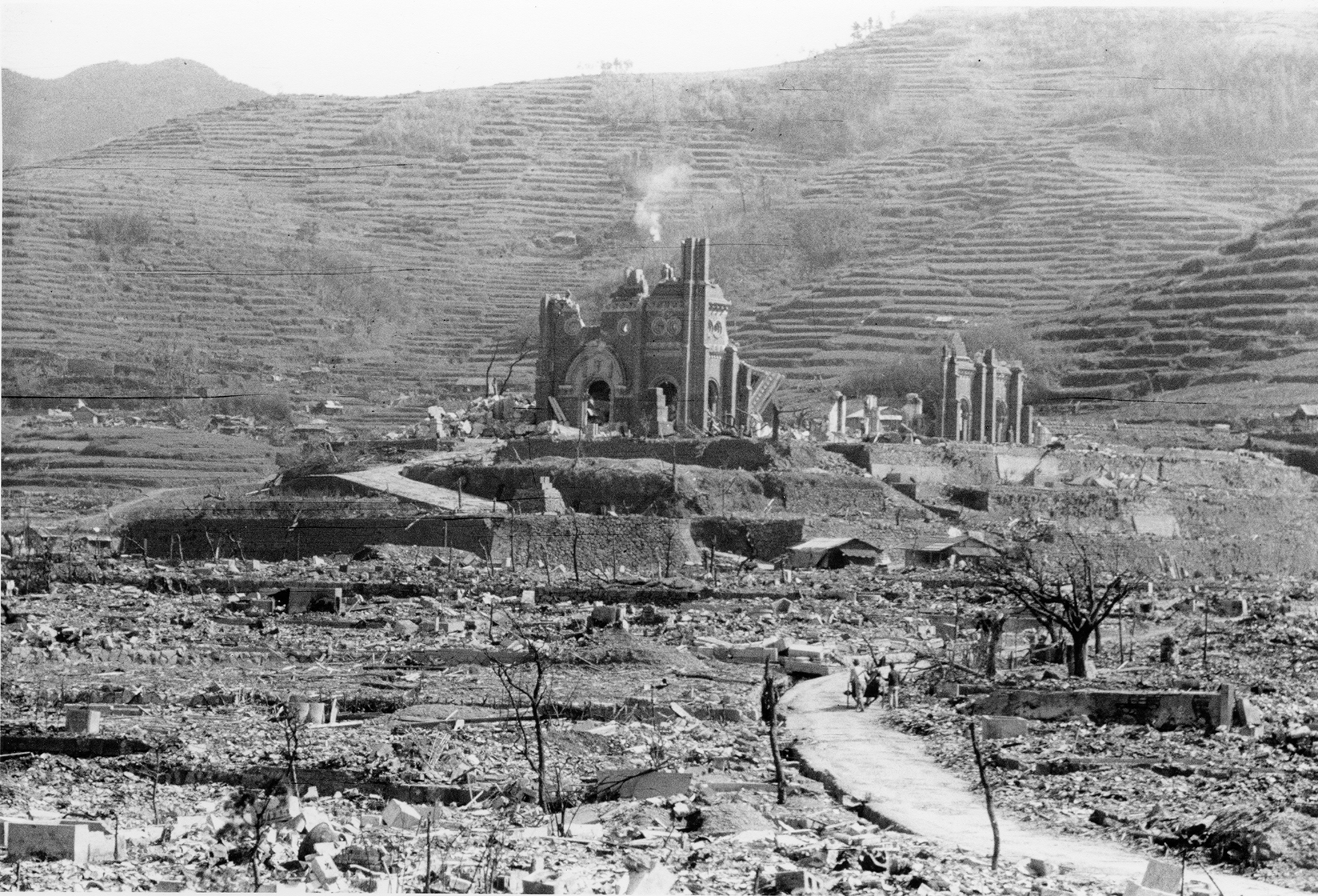 Remains of cathedral in landscape devastated by nuclear blast