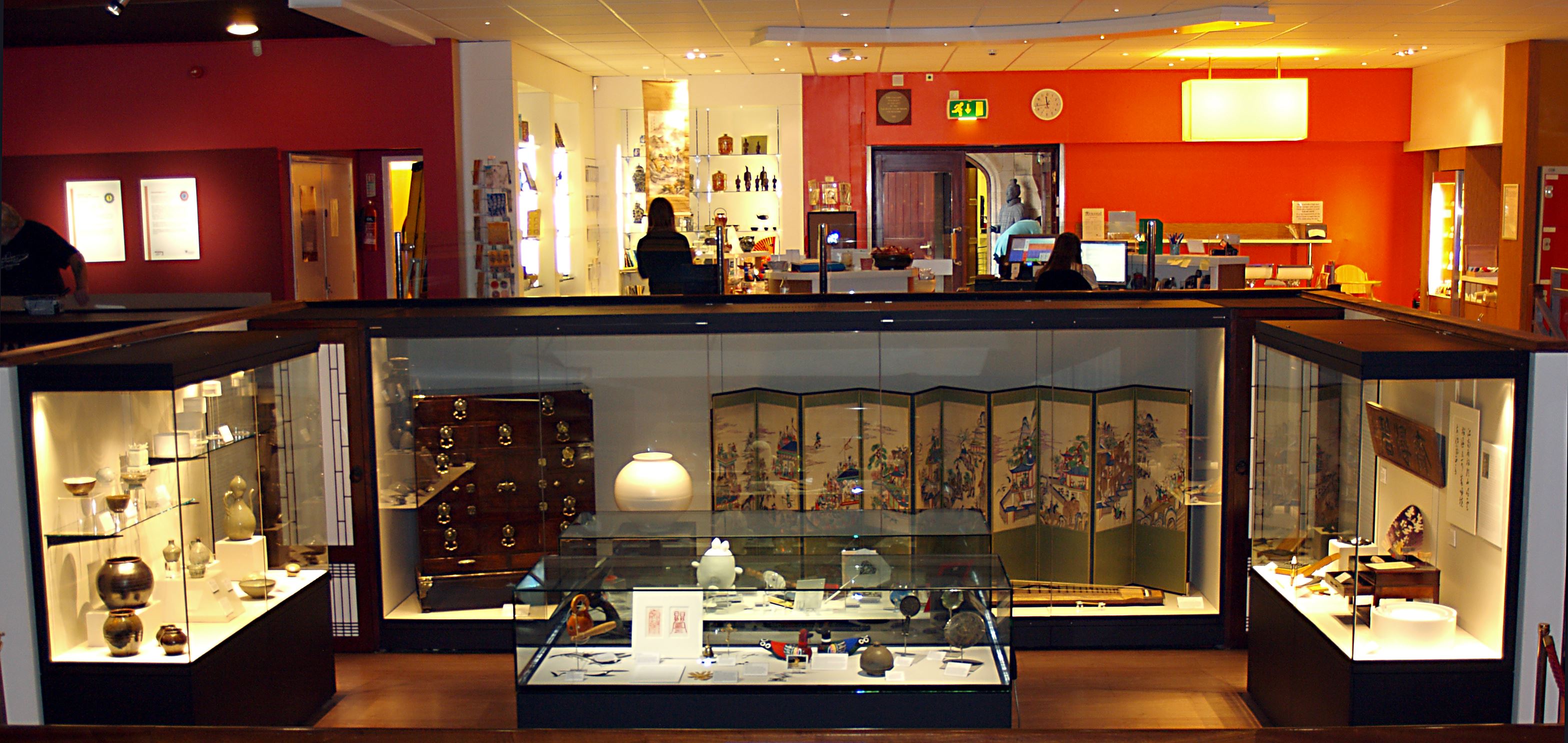 View into the Korea Gallery from across the balcony showing all of the displays.