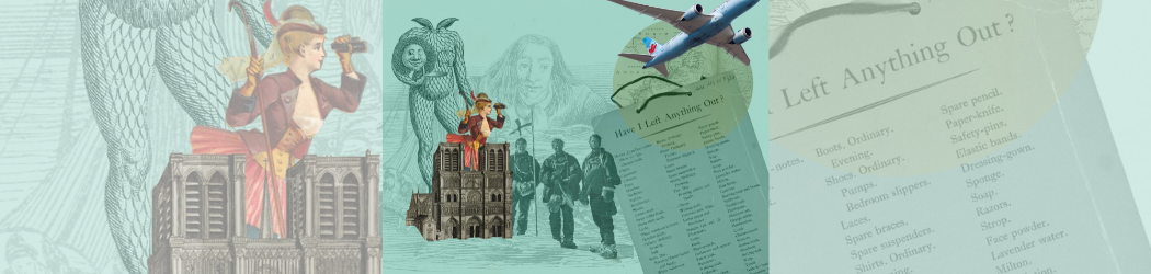 Collage image of items included in the Journeys exhibition, including a giant from Gulliver’s Travels, a tourist with binoculars, Notre Dame Cathedral, a plane, a world map, three arctic explorers and an aeroplane.