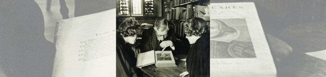 Three people study a copy of Shakespeare’s first folio at Palace Green Library.